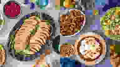 On left, a photo of a sliced turkey on a blue plate. On right, a spread of Thanksgiving sides shot from above.