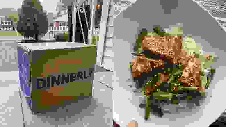 Left: Dinnerly box on an outdoor front stoop. Right: Plated dish of sesame tofu and rice
