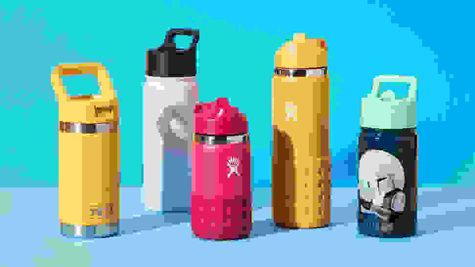 A few of the best water bottles for kids on a blue background.