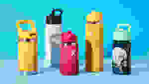 A few of the best water bottles for kids on a blue background.