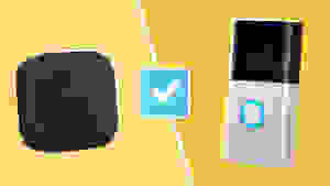 A Blink camera and Ring doorbell on a yellow background with a blue checkmark in between