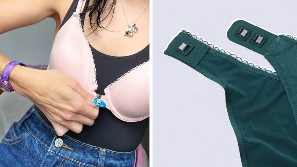 On left, person wearing a pink VS Adaptive Lightly Lined Full Coverage Front-Close bra over tank top with one hand on the clasp. On right, the magnetic fasteners on the Victoria’s Secret Adaptive Bikini Panty.