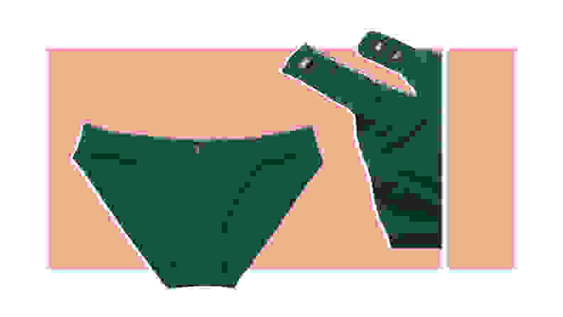 Product shots of a teal pair of VS Pink Adaptive Bikini Panty and a close-up view of the magnets.