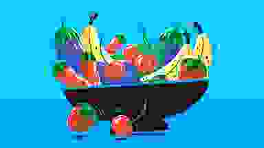 A cartoon bowl of vibrating strawberries, cherries, peppers, eggplants, cucumbers and bananas.