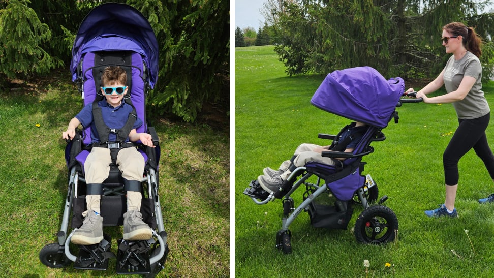 A photo collage of small child outdoors inside of the Convaid Coaster stroller and a person pushing small child outdoors inside of the Convaid Coaster stroller.