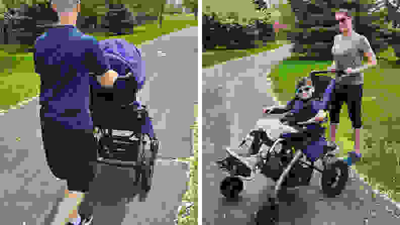 Two adults pushing a small child outdoors, as he sits inside of the Convaid Coaster stroller.