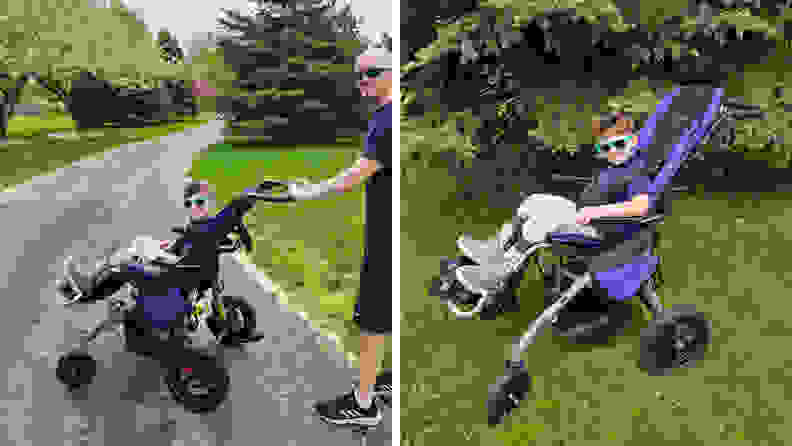 An adult and small child in the Convaid Coaster stroller smile while outdoors together.