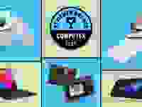 The Dell XPS 13, Asus ROG Ally X, Asus Zenbook S 16, Asus ProArt PZ13, and Acer SpatialLabs Eyes Stereo Camera on a blue and green background with the Reviewed Awards Computex 2024 badge.