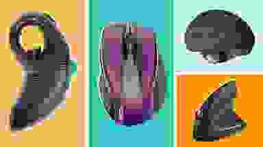 Welspo, Tecknet, Logitech, and  Anker computer mice on orange and teal backgrounds.