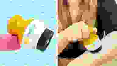 A Solar Buddies Sunscreen Applicator on the left and a woman applying Solar Buddies to her arm on the right.