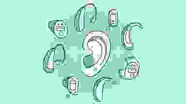 A cartoon ear in the middle of an array of assorted cartoon hearing aids.