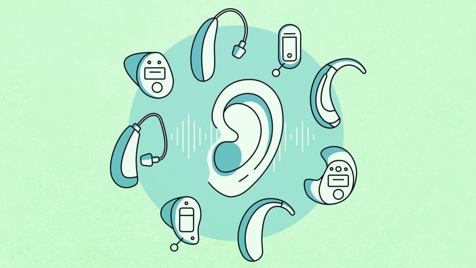 A cartoon ear in the middle of an array of assorted cartoon hearing aids.