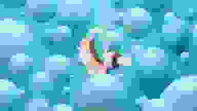 A graphic design of a hearing aid in the middle of a blue, bubble, background.