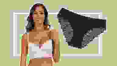 A pair of lace bikini panties and a model wearing a white bra.