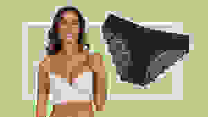A pair of lace bikini panties and a model wearing a white bra.
