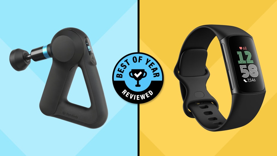 Side-by-side image of the Therabody Theragun Elite and the Fitbit Charge 6 in black with Reviewed's Best of Year logo in the center.