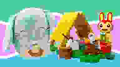 Bunny Squishmallow next to a spring Lego set against a pastel green, lavender, and blue background.