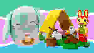 Bunny Squishmallow next to a spring Lego set against a pastel green, lavender, and blue background.