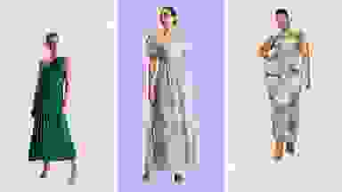 Three models: One wears a pleated green one-shoulder dress, one wears a blue floral gown with puff sleeves, and one wears a green floral silk print maxi dress.