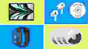 A collection of Apple products with the 4th of July Reviewed badge in front of colored backgrounds.
