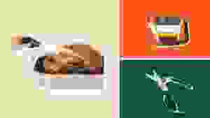 On left, a hand using a turkey baster on a cooked turkey. On right, a fat separator on a red background and kitchen shears on a green background.