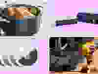 A collection of items on sale at Amazon displayed in front of various backgrounds.