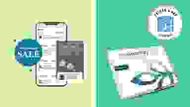 A smartphone with graphic designs next to an AncestryDNA testing kit with the Father's Day Reviewed badge.