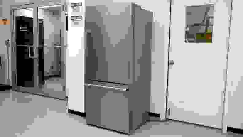 The Beko BFBD30216SSIM bottom-freezer fridge set up outside our testing labs.