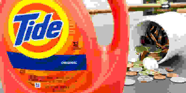 Tide Original liquid laundry detergent with a mug in the background filled with spilling coins.
