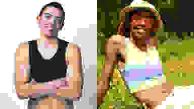 Two people wearing two styles of gc2b chest binders, a solid black one and a tie-dyed one.