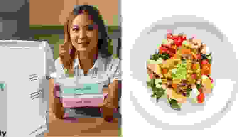 A person holding CookUnity meal kit packages and a plate of colorful food.