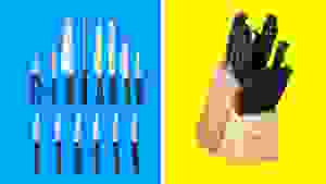 The Cuisinart C77TR-15P knife set in front of colored backgrounds.