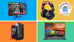 Four gaming products with the Cyber Monday Deals Reviewed badge in front of colored backgrounds.