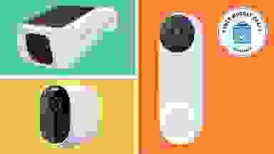 Three home security cameras with the Cyber Monday Deals Reviewed badge in front of colored backgrounds,