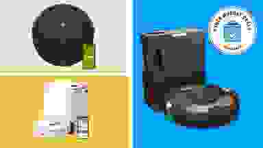 Three robot vacuums with the Cyber Monday Deals Reviewed badge in front of colored backgrounds.