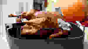 A perfectly browned turkey sits in a roasting pan.