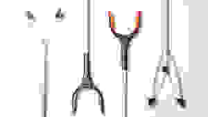 Four different reacher grabber tools on a white background