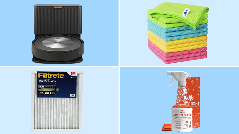 Product shot of the iRobot Roomba j7+, multicolored microfiber cloths, Filtrete MPR 1900 System and a bottle of Whoosh! Screen Shine.