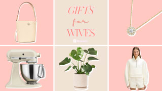 A cream Tory Burch handbag, a Brilliant Earth diamond pendant, a woman wearing a cream lululemon Scuba hoodie, a Monstera plant from The Sill, and a cream KitchenAid stand mixer