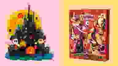 A Mickey and Minnie Mouse Halloween countdown calendar and a Nightmare Before Christmas advent calendar on a pink and yellow background.