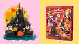 A Mickey and Minnie Mouse Halloween countdown calendar and a Nightmare Before Christmas advent calendar on a pink and yellow background.