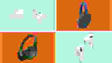 A collage of earbuds and headphones in front of colored backgrounds.