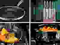 Various HexClad cookware items in front of different backgrounds.