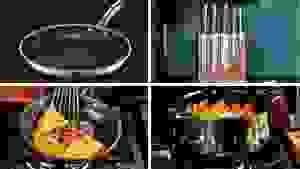 Various HexClad cookware items in front of different backgrounds.