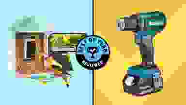 A blue and yellow split collage for the 2024 Reviewed Best of Year awards featuring the Netvue Birdfy Feeder AI smart bird feeder and Makita Cordless Drill.