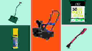 A snow shovel, snow blower, ice melt, a window wiper, and a de-icer on a colorful background.