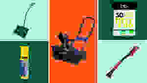 A snow shovel, snow blower, ice melt, a window wiper, and a de-icer on a colorful background.
