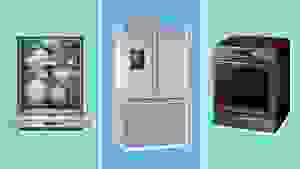 A collage showing off a dishwasher, a refrigerator and an oven.