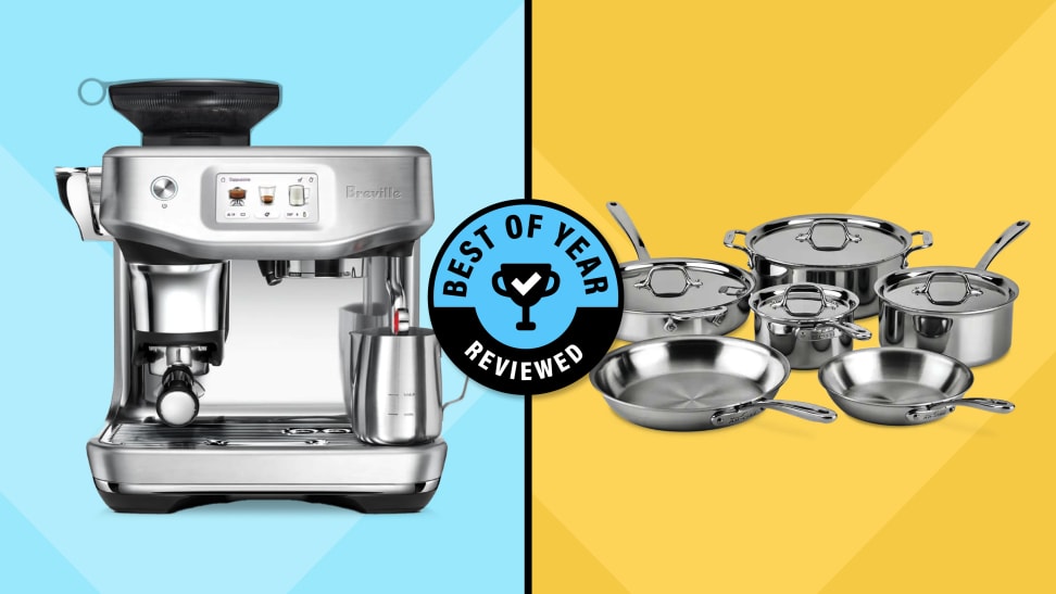 A blue and yellow split collage for the 2024 Reviewed Best of Year awards featuring the Breville Barista Touch Impress and All-Clad D3 Everyday Stainless-steel Cookware Set.