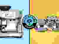 A blue and yellow split collage for the 2024 Reviewed Best of Year awards featuring the Breville Barista Touch Impress and  All-Clad D3 Everyday Stainless-steel Cookware Set.